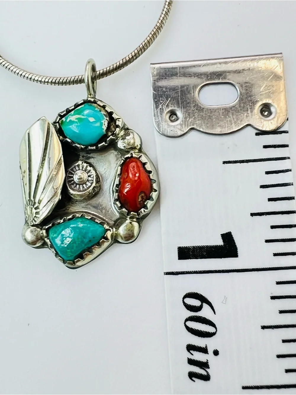 Native American Sterling Silver Turquoise & Coral Pendant Necklace SIGNED